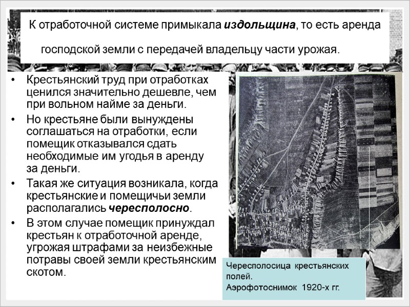 К отработочной системе примыкала издольщина, то есть аренда господской земли с передачей владельцу части